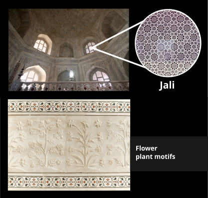 Images of Jali work and inlaid flower plant motifs